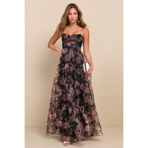 Lulus Exclusive Glamour Black Floral Organza Tiered Maxi Dress - Size L